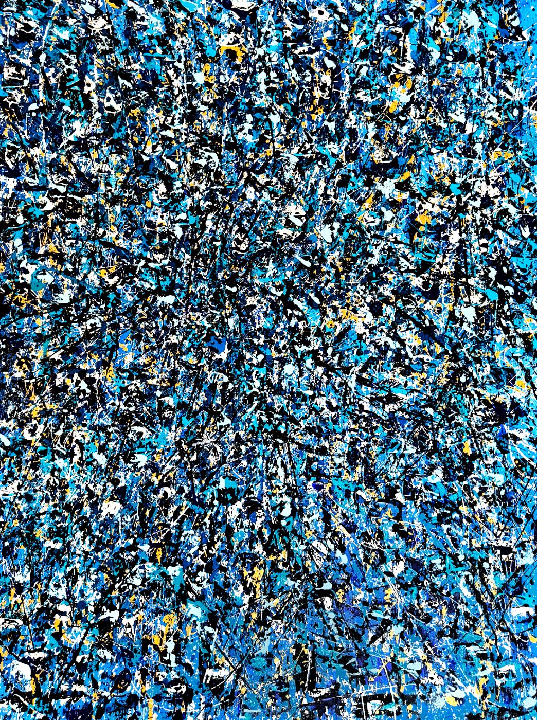 Bleu N°3, grand tableau abstrait en bleu, turquoise, blanc et or, par Charles Drapeau