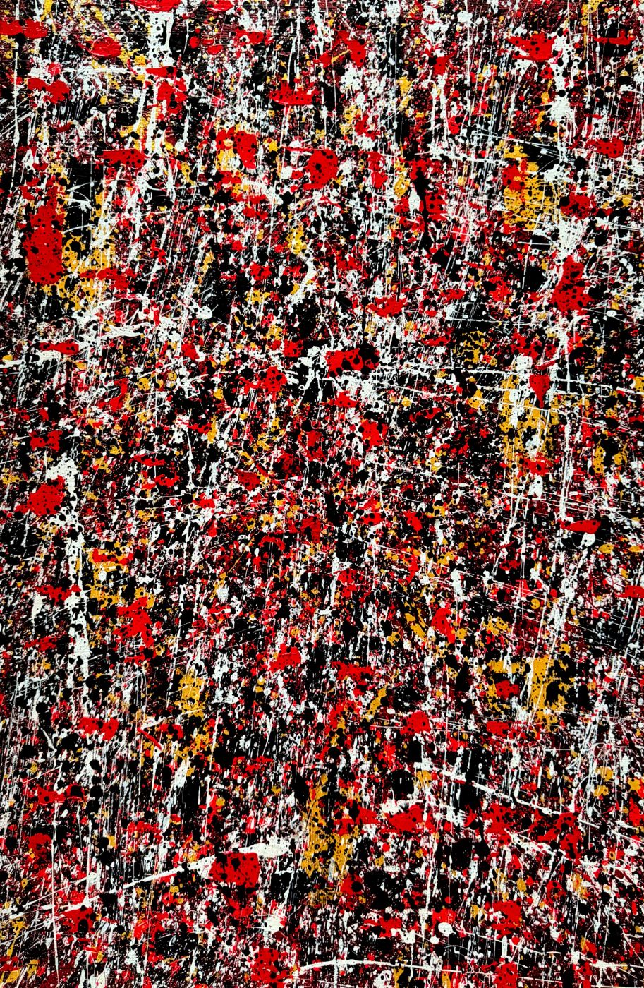 Rouge N°4, tableau abstrait en rouge, jaune d’or et blanc sur fond noir, par Charles Drapeau